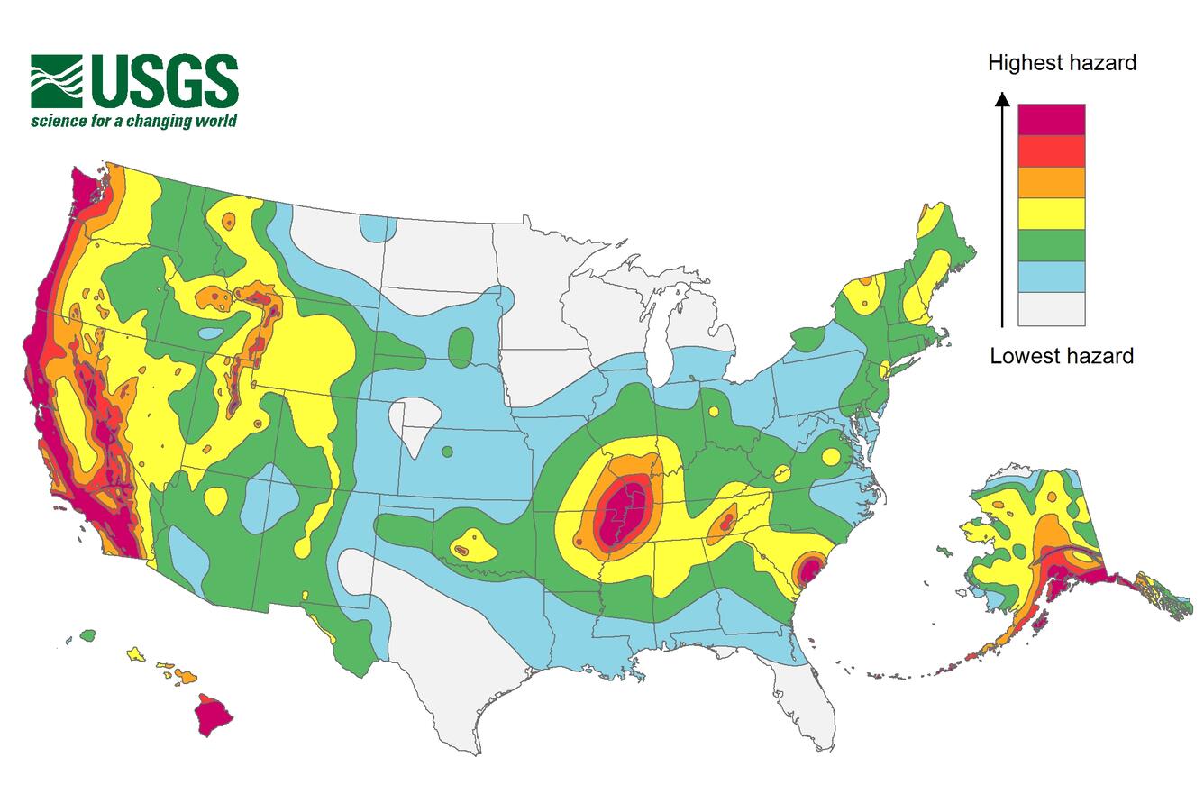 Seismic hazard map of U.S. with colored contours