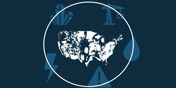 Image showing outline of a geologic map with a mineral, crane, water droplet, hazard sign and electricity symbol in a circle.