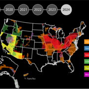 Map of the US, Alaska and Puerto Rico filled in by data type: geophysics, geologic mapping, geochemistry, Lidar, Mine Wastes, hyperspectral. 