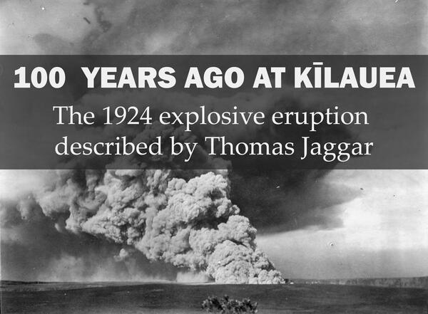 Black and white photograph of explosive eruption with text over it