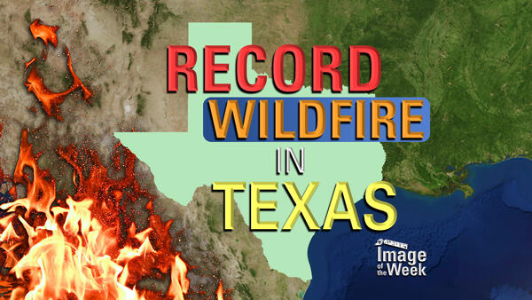 An illustration of flames, satellite land surface, an outline of Texas and a title