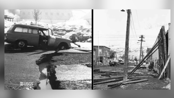 Black and white images show damage caused by the 1964 earthquake and tsunami in Valdez, Alaska