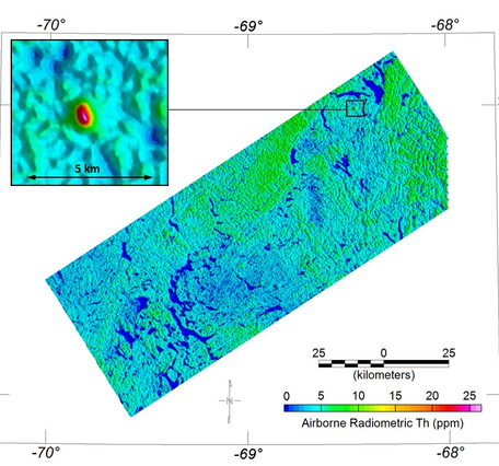 Image shows a scan of airborne geophysical data with an anomaly shown in detail