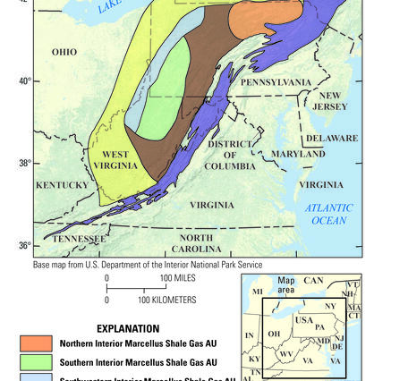 Image shows a map of the Eastern United States with the boundaries of the Marcellus Shale superimposed